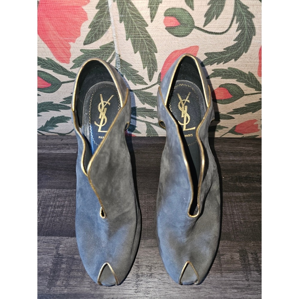YSL Yves Saint Laurent Suede Wedge Platform Peep Toe Booties Size 37